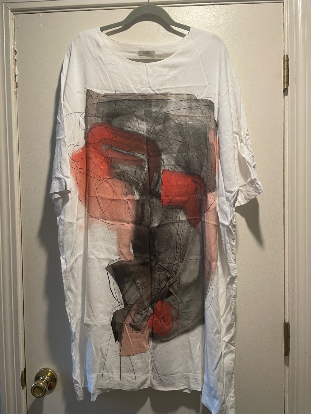 White Midi Dress with Abstract Red and Gray Print